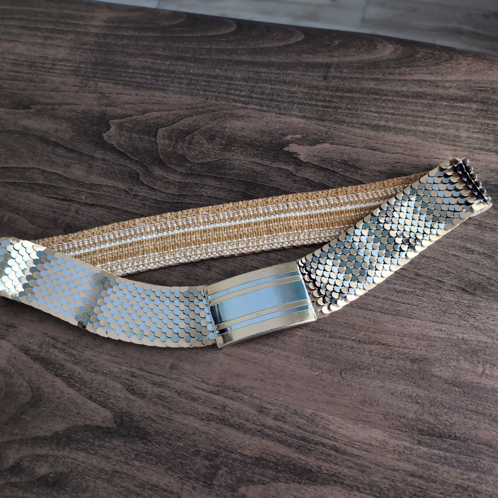 Vintage Two Tone Metal Scale Mesh Stretch Belt Gold Silver 80s Satatement Retro - Picture 2 of 9